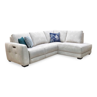 Full view of ‘Dinky’ Dexter Ivory 43501 Fabric Power Recliner Right Hand Facing Corner Chaise End Sofa.