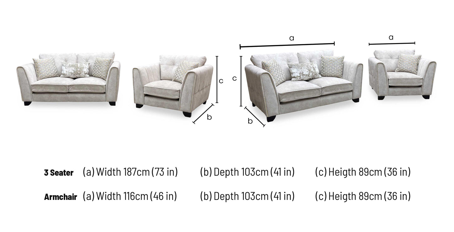 ‘Mariah' Dapple Ivory-Tri Brass Insert Fabric Classic Back 2 Seater Sofa + Chair