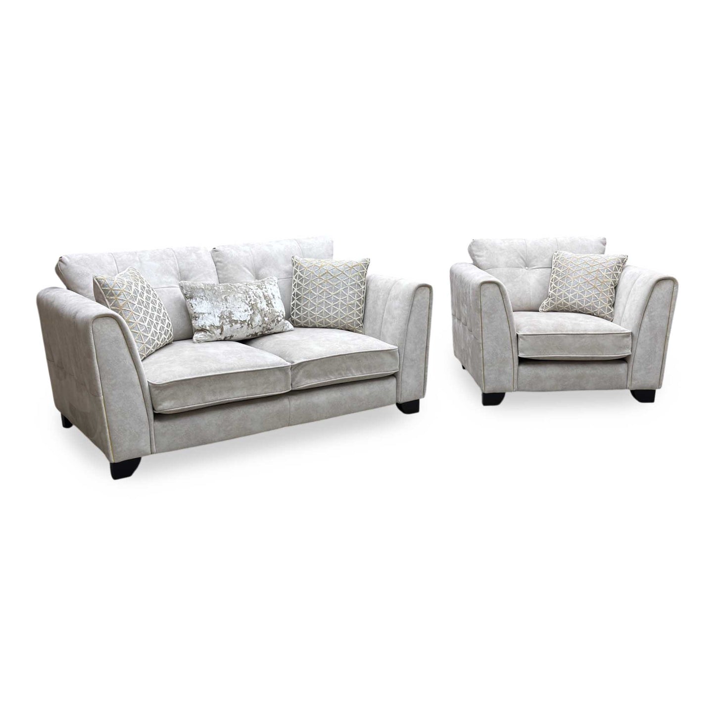 ‘Mariah' Dapple Ivory-Tri Brass Insert Fabric Classic Back 2 Seater Sofa + Chair