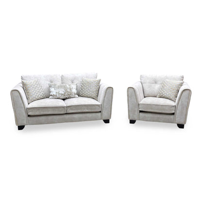 ‘Mariah' Dapple Ivory-Tri Brass Insert Fabric Classic Back 2 Seater Sofa + Chair
