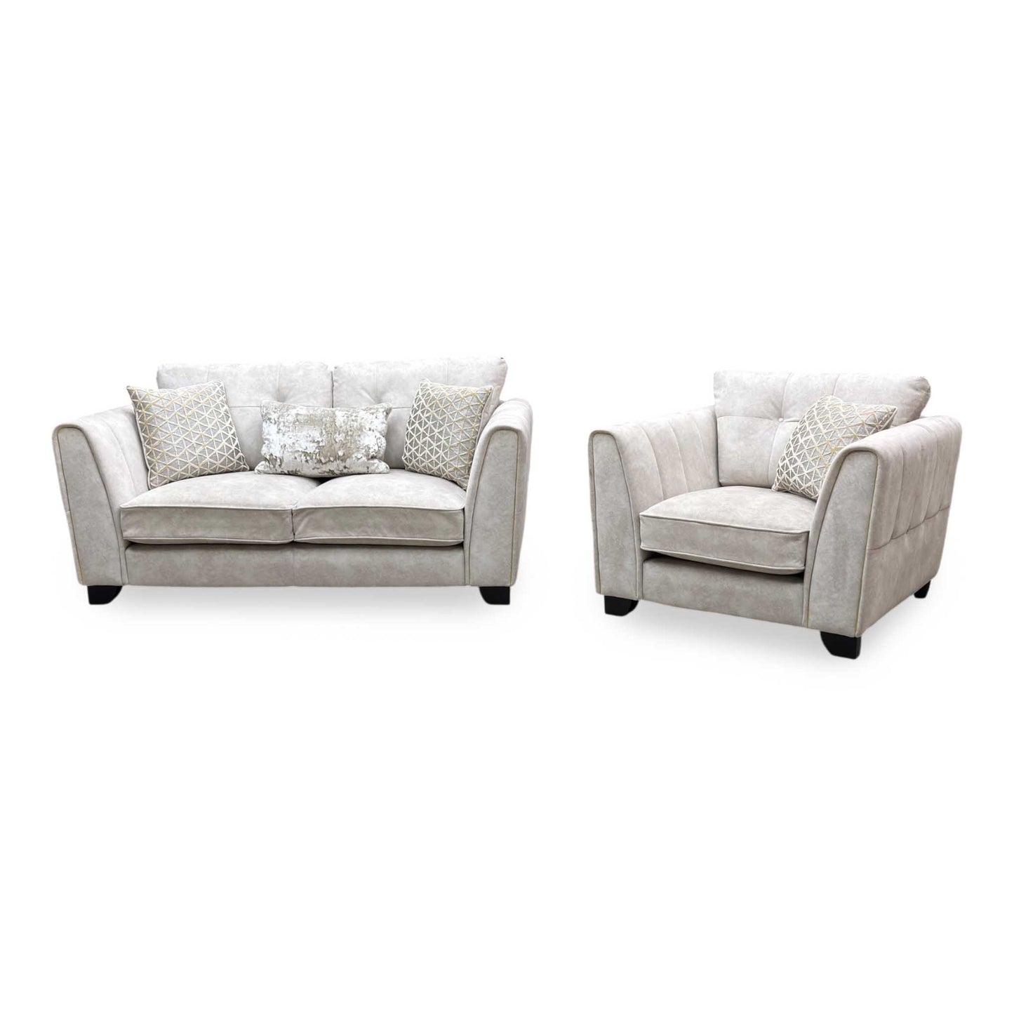 ‘Mariah' Dapple Ivory-Tri Brass Insert Fabric Classic Back 2 Seater Sofa + Chair