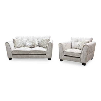 ‘Mariah' Dapple Ivory-Tri Brass Insert Fabric Classic Back 2 Seater Sofa + Chair