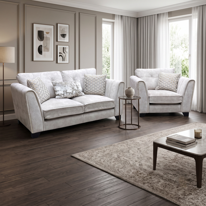 ‘Mariah' Dapple Ivory-Tri Brass Insert Fabric Classic Back 2 Seater Sofa + Chair