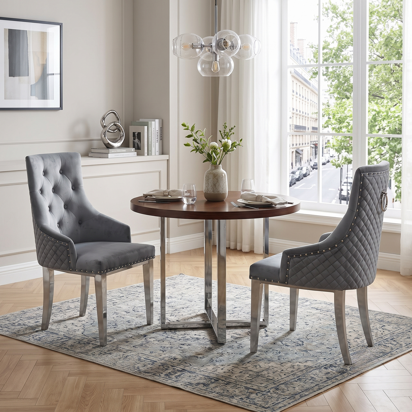 ‘Dolce’ Grey Velvet Button Back Dining Chairs - Set of 2