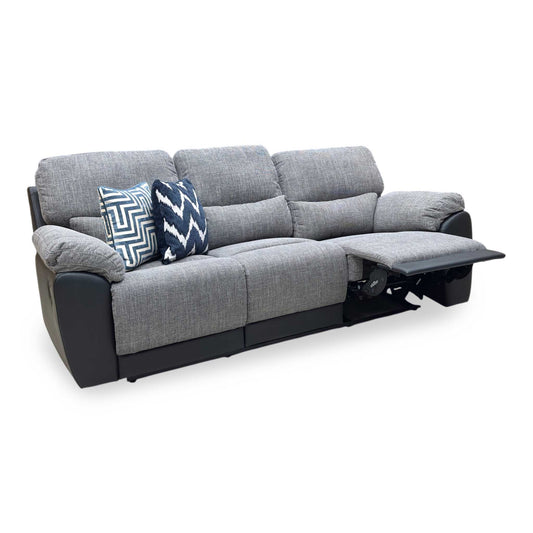 Full View ‘Santori’ contemporary 3-seater manual recliner sofa, featuring a stylish dual-material finish with charcoal fabric seating panels and a sleek black faux leather outer frame.