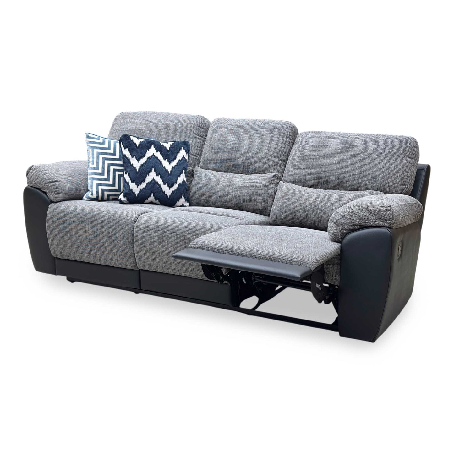 ‘Santori’ Black Charcoal Fabric Faux Leather 3 Seater High Back Recliner Sofa