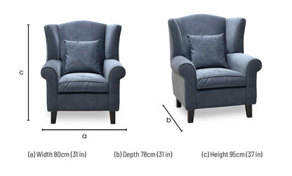 Technical dimensions blueprint and room space planning floor footprint schematic for the ‘Denton’ Grey Grace Chenille Fabric Wing Chair.