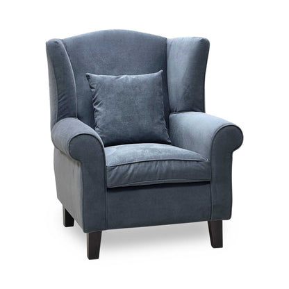 Full View ‘Denton’ traditional wingback accent chair, beautifully upholstered in a sophisticated, soft-touch grey Grace chenille fabric with an elegant stately silhouette.
