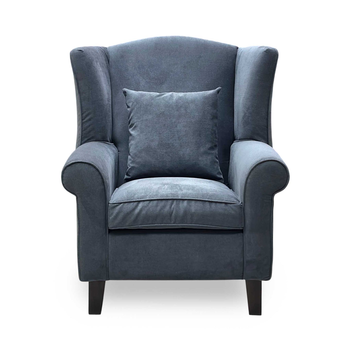 Front-facing view of the Denton grey chenille wing chair, showcasing the tall supportive backrest, flared protective side wings, deep seat cushion, and balanced symmetry.