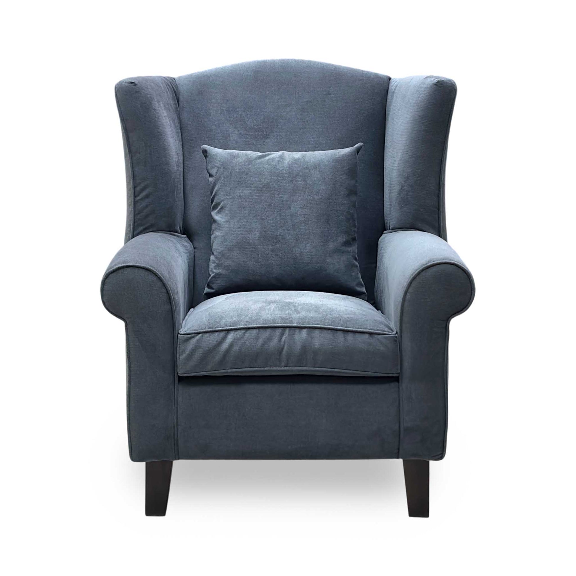 Front-facing view of the Denton grey chenille wing chair, showcasing the tall supportive backrest, flared protective side wings, deep seat cushion, and balanced symmetry.