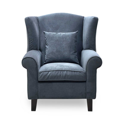 Front-facing view of the Denton grey chenille wing chair, showcasing the tall supportive backrest, flared protective side wings, deep seat cushion, and balanced symmetry.