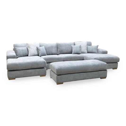 Full View ‘Broadgate’ grand contemporary U-shape modular sectional sofa suite with matching footstool, beautifully upholstered in an elegant mid-grey fabric.
