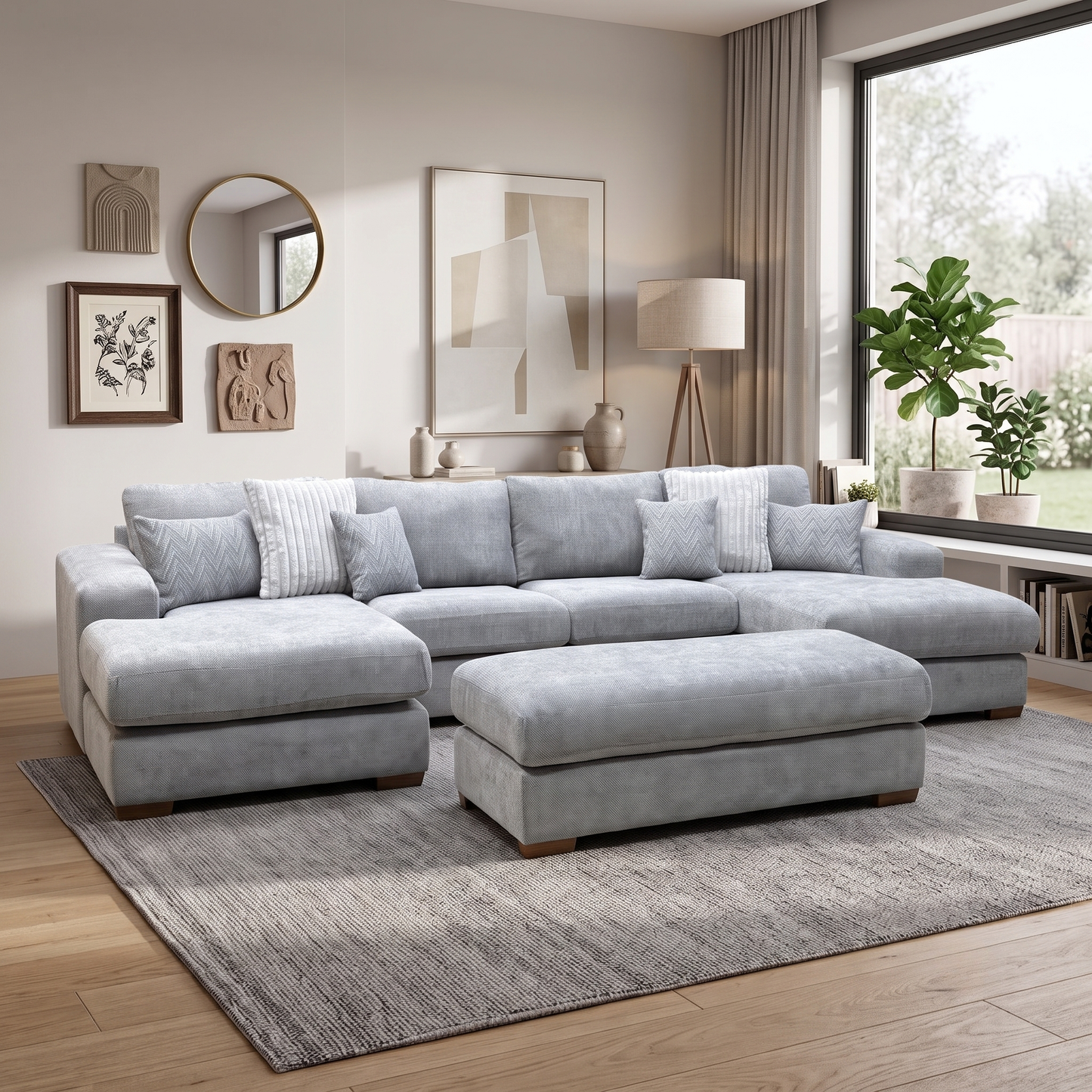 ‘Broadgate’ Grey Fabric Large U-shape Modular Sofa with Footstool