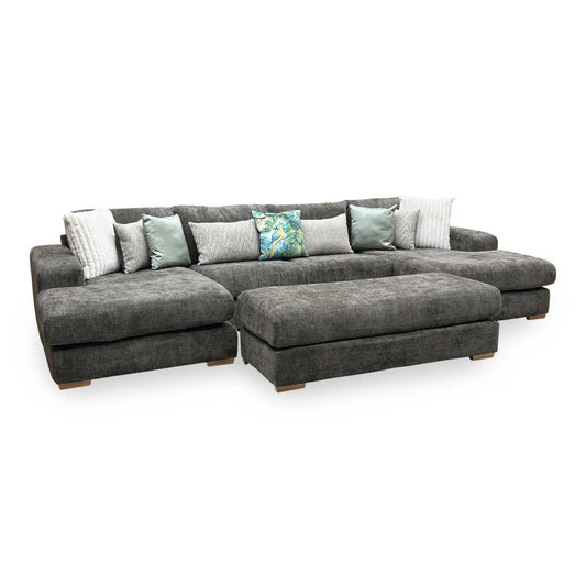 Full View ‘Broadgate’ grand contemporary U-shape modular sectional sofa suite with matching footstool, beautifully upholstered in an elegant, deep chocolate brown fabric.