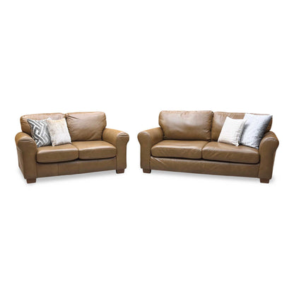 ‘Bailey' Tan Brown Leather 3 + 2 Seater Sofa Set