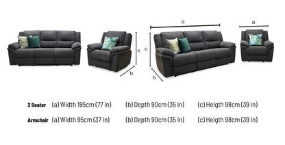 ‘Albion’ Charcoal Grey Fabric 3 Seater Manual Recliner Sofa + Chair