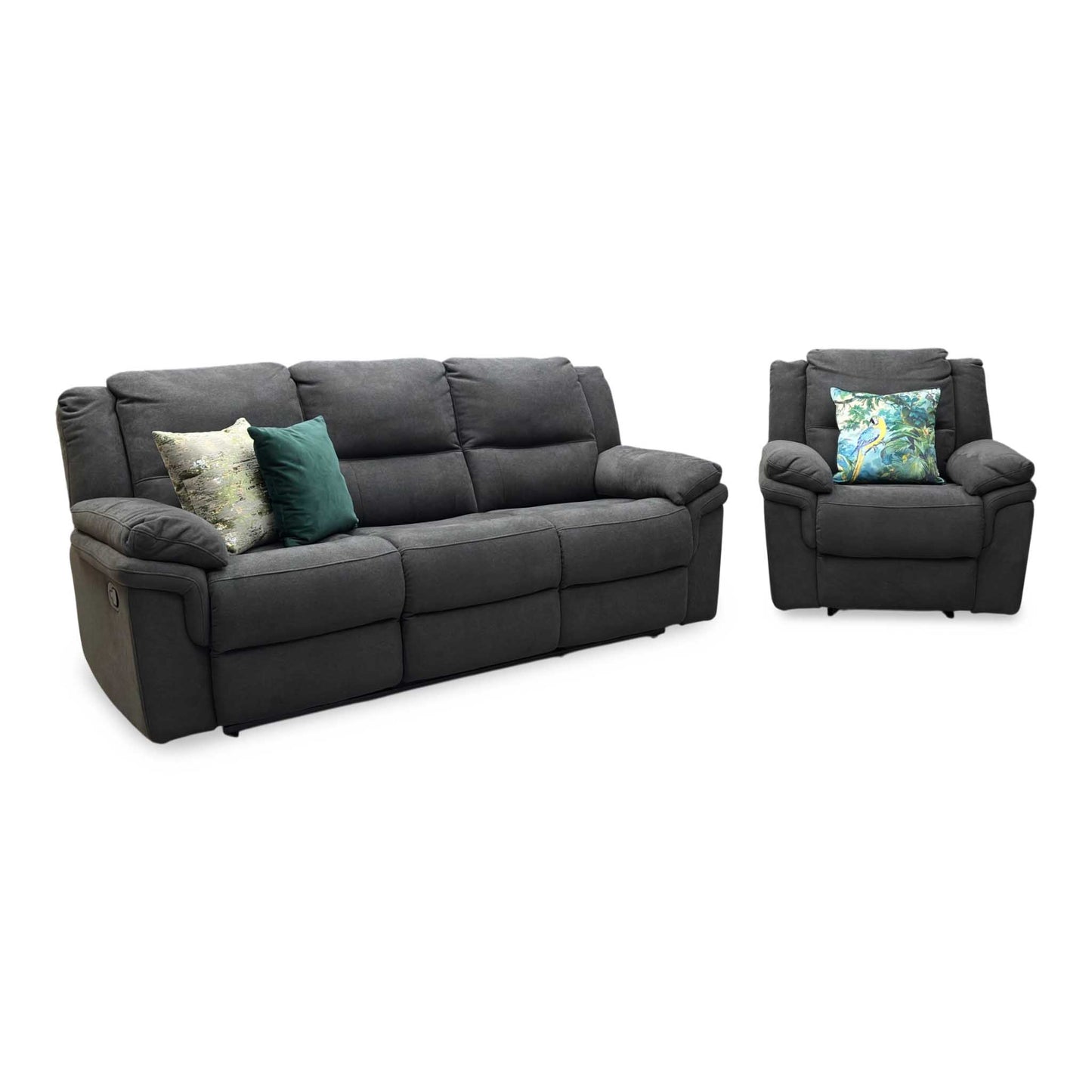 ‘Albion’ Charcoal Grey Fabric 3 Seater Manual Recliner Sofa + Chair