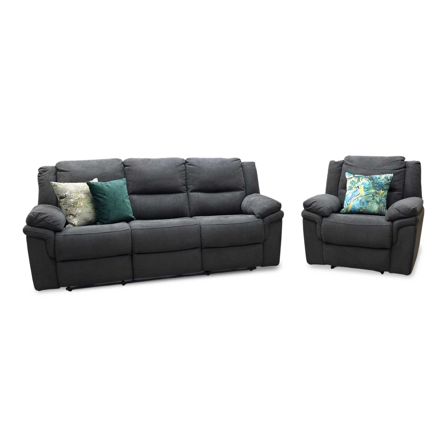 ‘Albion’ Charcoal Grey Fabric 3 Seater Manual Recliner Sofa + Chair