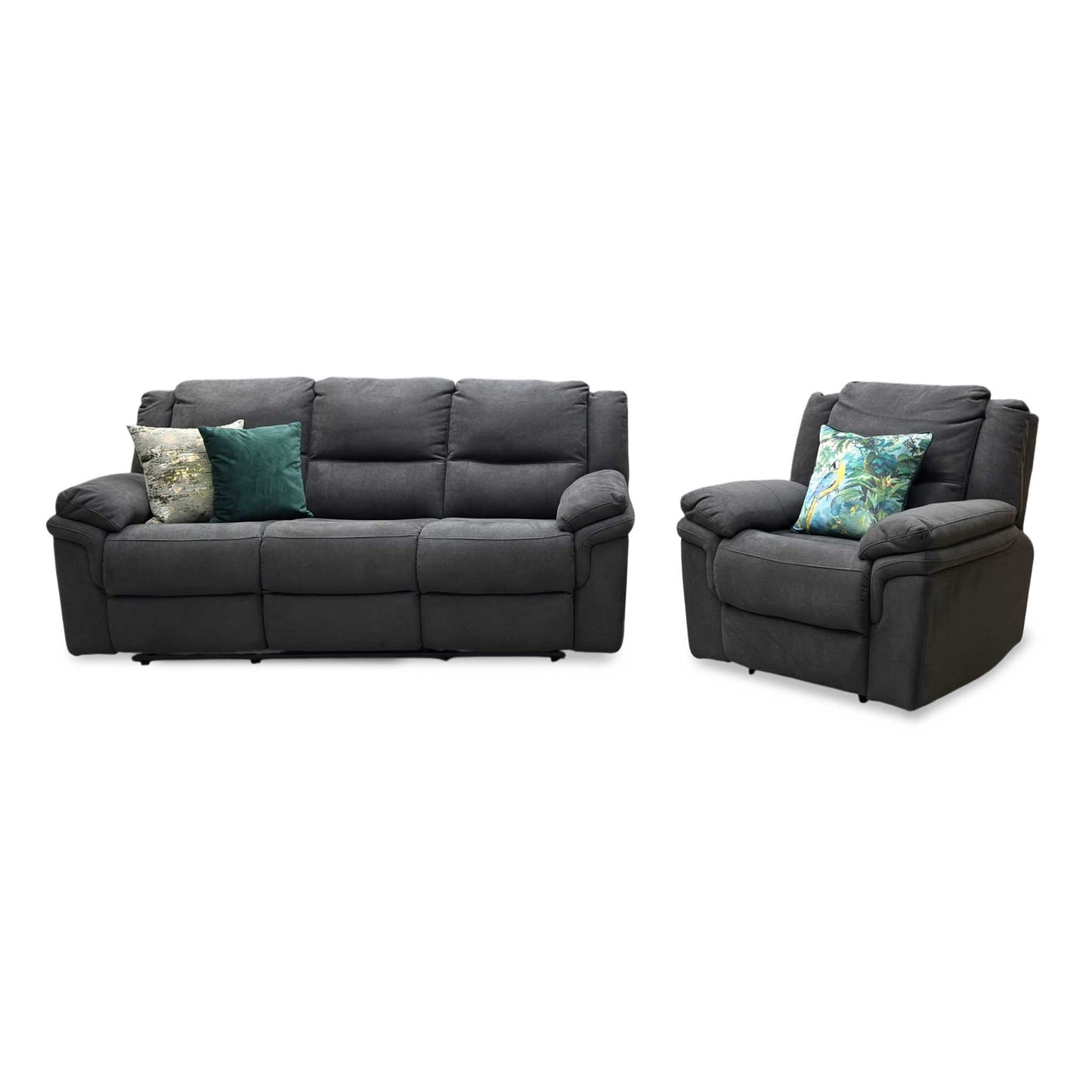 ‘Albion’ Charcoal Grey Fabric 3 Seater Manual Recliner Sofa + Chair