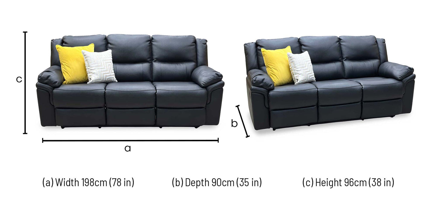 ‘Albion' Black Luxury Faux Leather 3 Seater High Back Manual Recliner Sofa