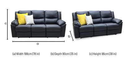 ‘Albion' Black Luxury Faux Leather 3 Seater High Back Manual Recliner Sofa