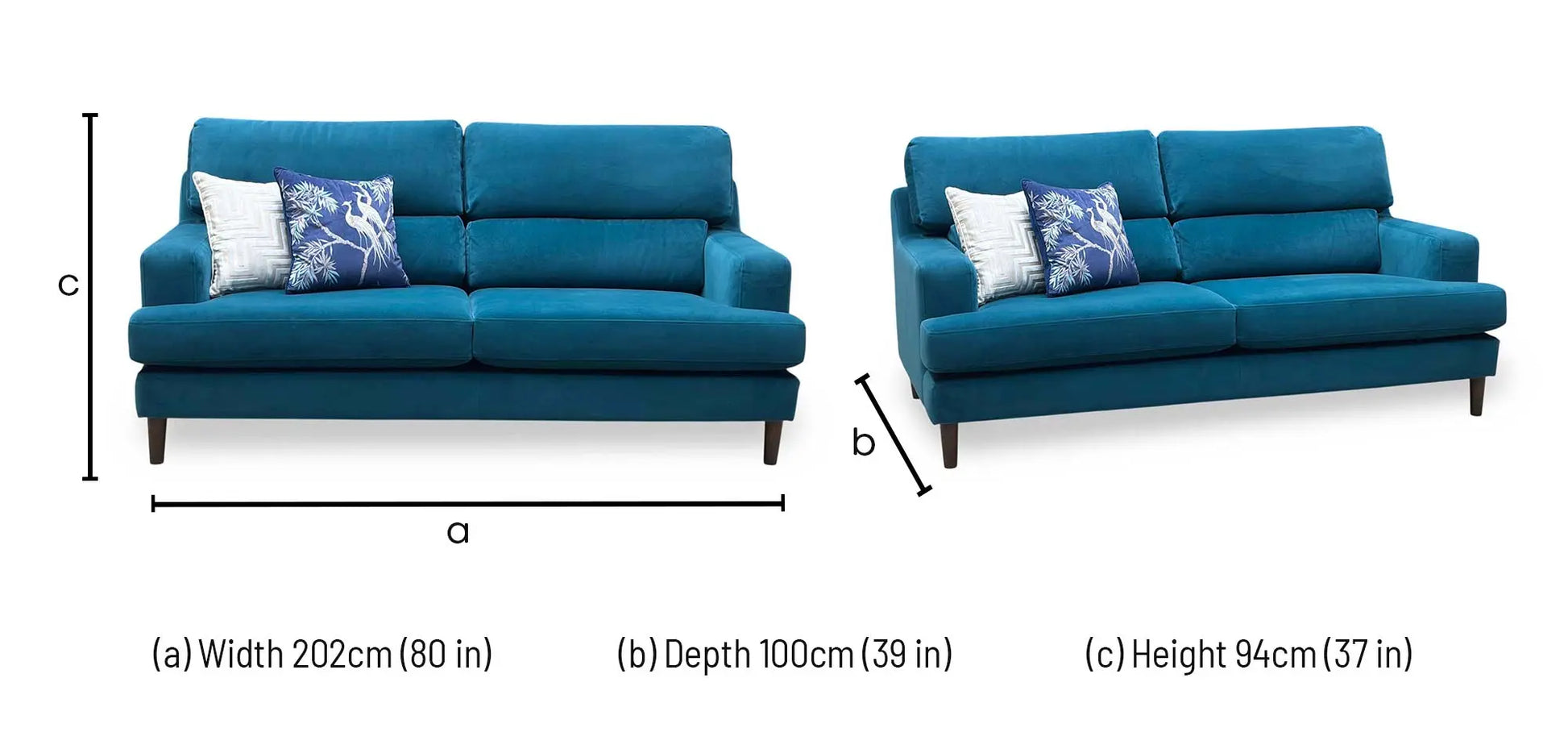 Technical dimensions blueprint and living room space planning floor footprint schematic for ‘The Lounge Co. Romilly’ Dragoneye Teal Fabric 3-Seater Sofa.