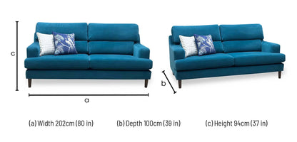 Technical dimensions blueprint and living room space planning floor footprint schematic for ‘The Lounge Co. Romilly’ Dragoneye Teal Fabric 3-Seater Sofa.