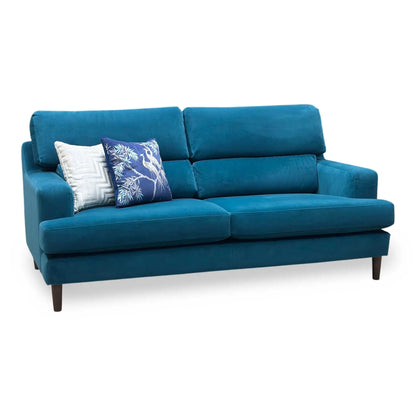 Full Viwe ‘The Lounge Co. Romilly’ contemporary 3-seater stationary sofa, beautifully upholstered in high-grade Dragoneye Teal fabric with a striking modern aesthetic.