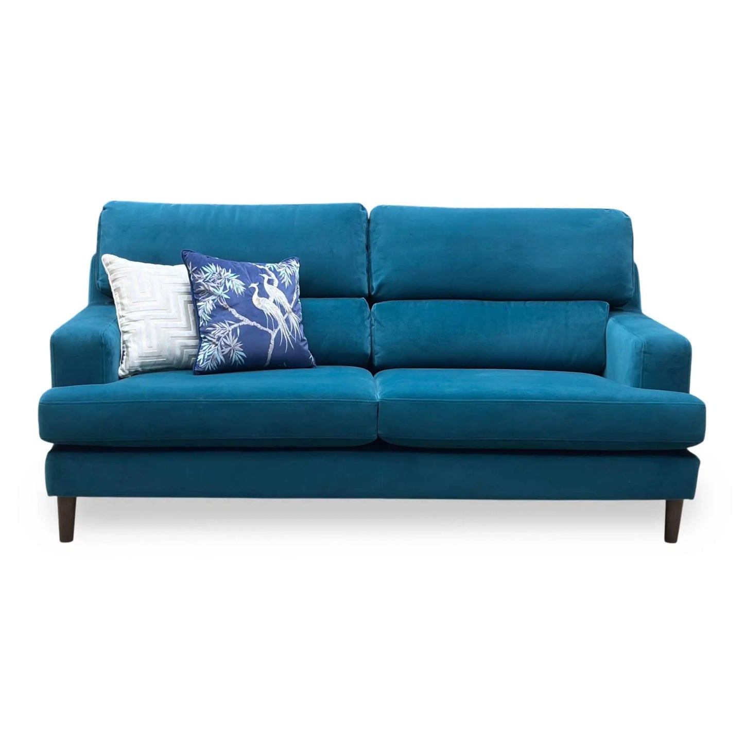 Front-facing individual view of the Romilly 3-seater fabric sofa, showcasing its expansive seating layout, deep comfort seat pads, and clean symmetrical tailoring lines.