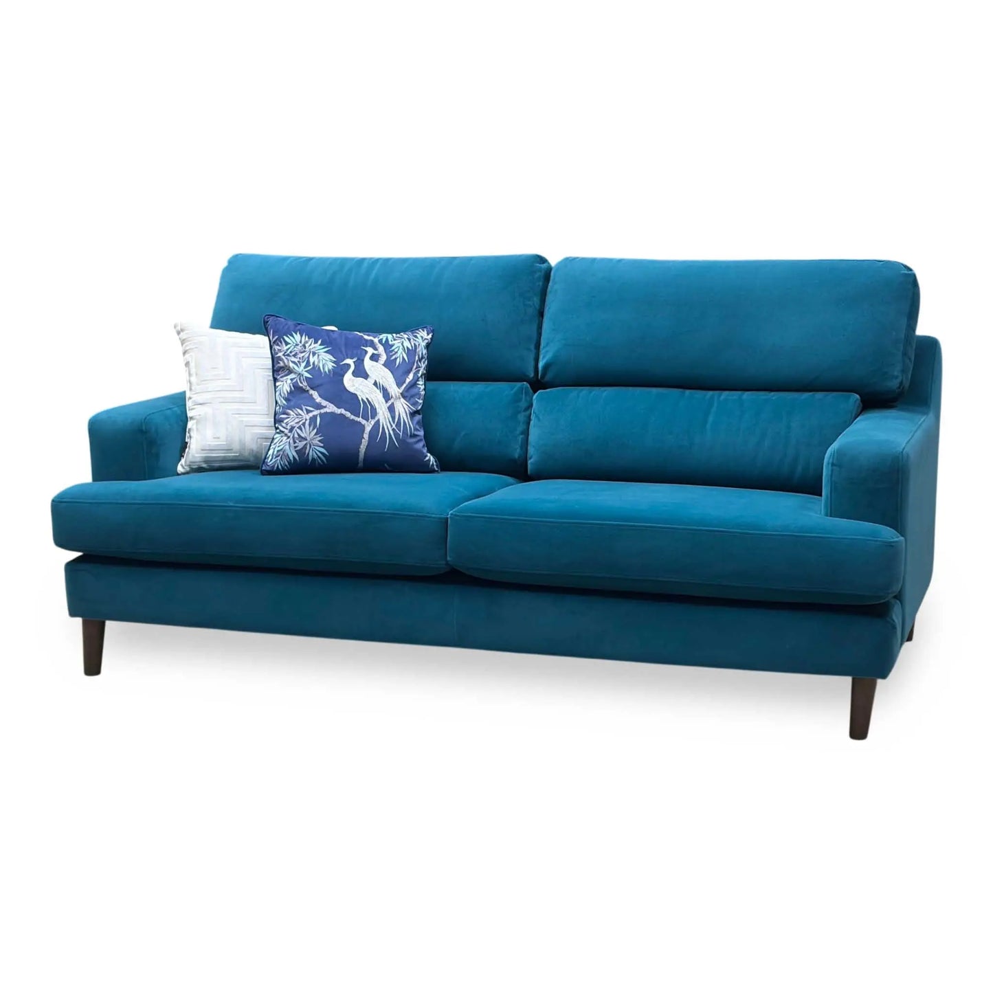 Side perspective profile view of the 3-seater sofa frame, demonstrating the ergonomic slope of the supportive backrest and flawless fabric tensioning along the perimeter borders.