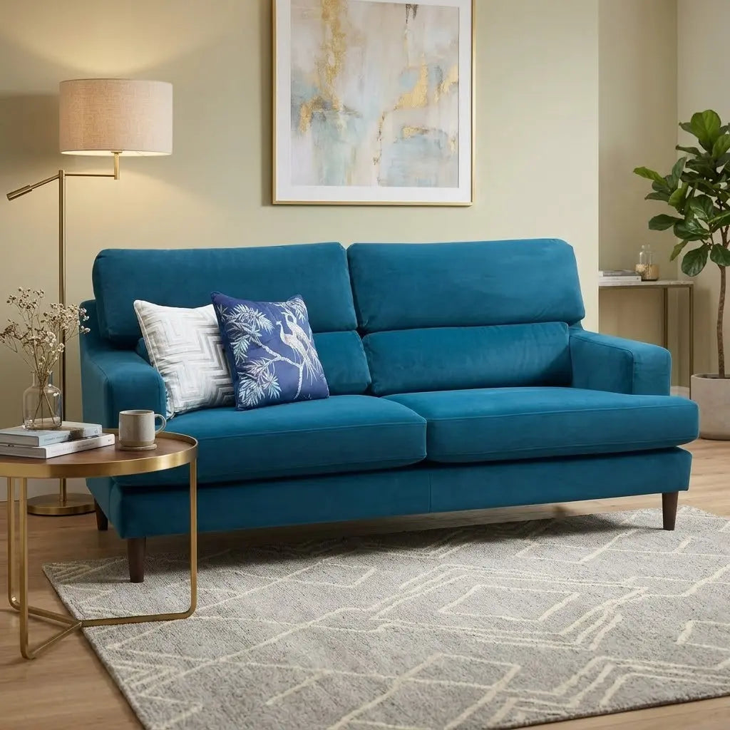 Styled upscale contemporary living room lifestyle layout featuring the Lounge Co. Romilly teal fabric 3-seater sofa arranged as a luxurious, sophisticated seating centerpiece.