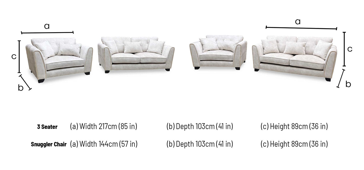 ‘Mariah’ Dapple Ivory-Tri Brass Insert Fabric 3 Seater Classic Back Sofa + Snuggler Chair