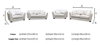 ‘Mariah’ Dapple Ivory-Tri Brass Insert Fabric 3 Seater Classic Back Sofa + Snuggler Chair