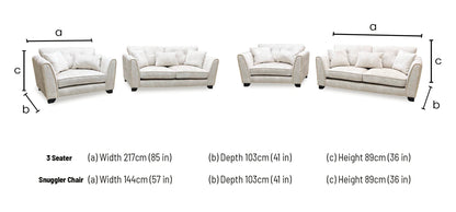 Mariah Dapple ivory sofa set dimensions: 3 seater width 217cm, snuggler width 144cm, depth 103cm, height 89cm