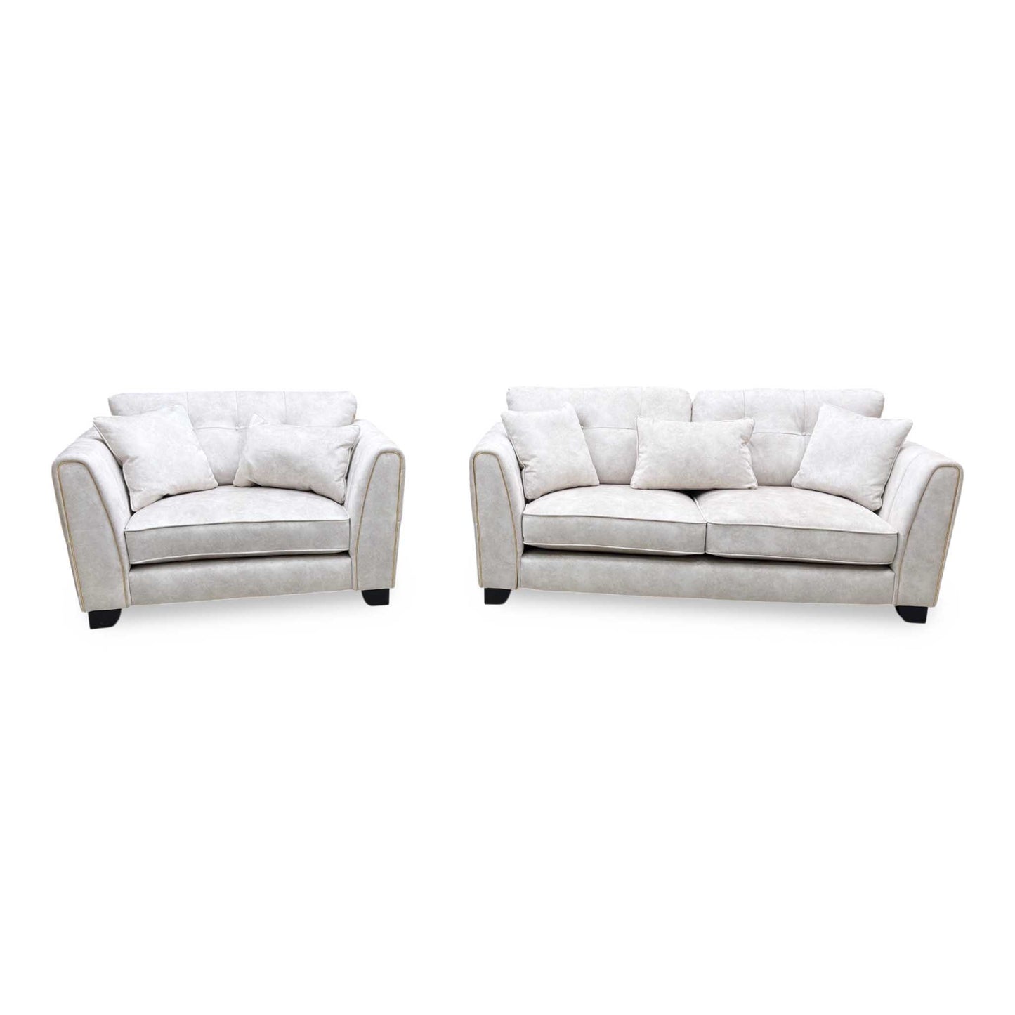 ‘Mariah’ Dapple Ivory-Tri Brass Insert Fabric 3 Seater Classic Back Sofa + Snuggler Chair