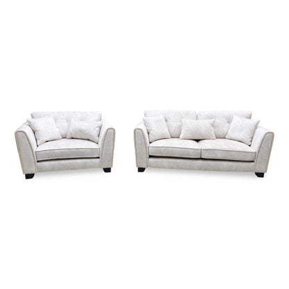 ‘Mariah’ Dapple Ivory-Tri Brass Insert Fabric 3 Seater Classic Back Sofa + Snuggler Chair