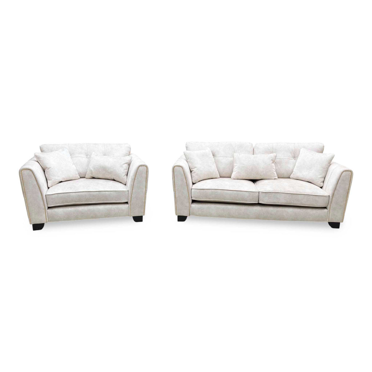Front view of the Mariah Dapple ivory fabric 3 seater sofa and snuggler chair side by side