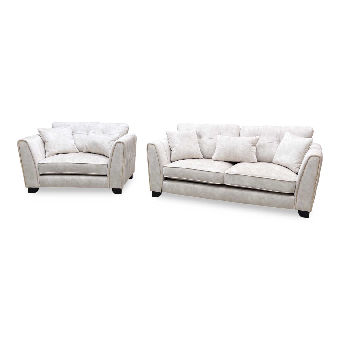 ‘Mariah’ Dapple Ivory-Tri Brass Insert Fabric 3 Seater Classic Back Sofa + Snuggler Chair