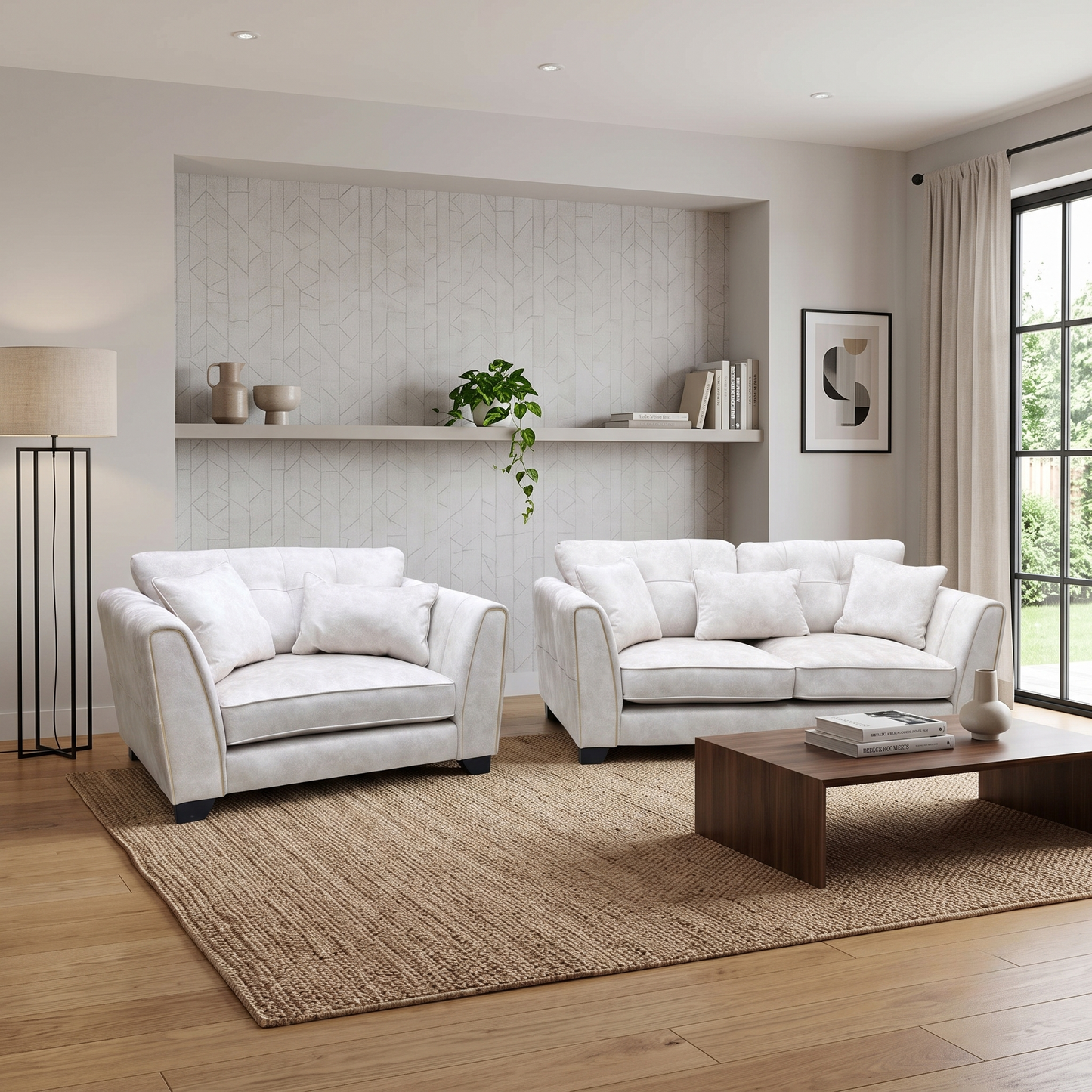 ‘Mariah’ Dapple Ivory-Tri Brass Insert Fabric 3 Seater Classic Back Sofa + Snuggler Chair