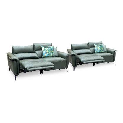 ‘Jude' Oslo Pine Green Cat-40 10 Leather 3 + 3 Seater Power Recliner with Telescopic Headrests Sofa Set