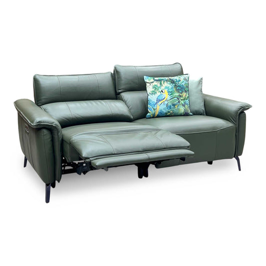 Full View ‘Jude’ contemporary 3-seater power recliner sofa, beautifully upholstered in high-grade Oslo Category 4009 Peacock Green genuine leather.