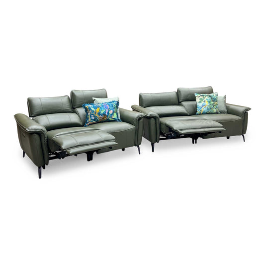 Full View ‘Jude’ contemporary 3-seater and 2-seater power recliner sofa set, beautifully upholstered in high-grade Oslo Category 4010 Pine Green genuine leather.