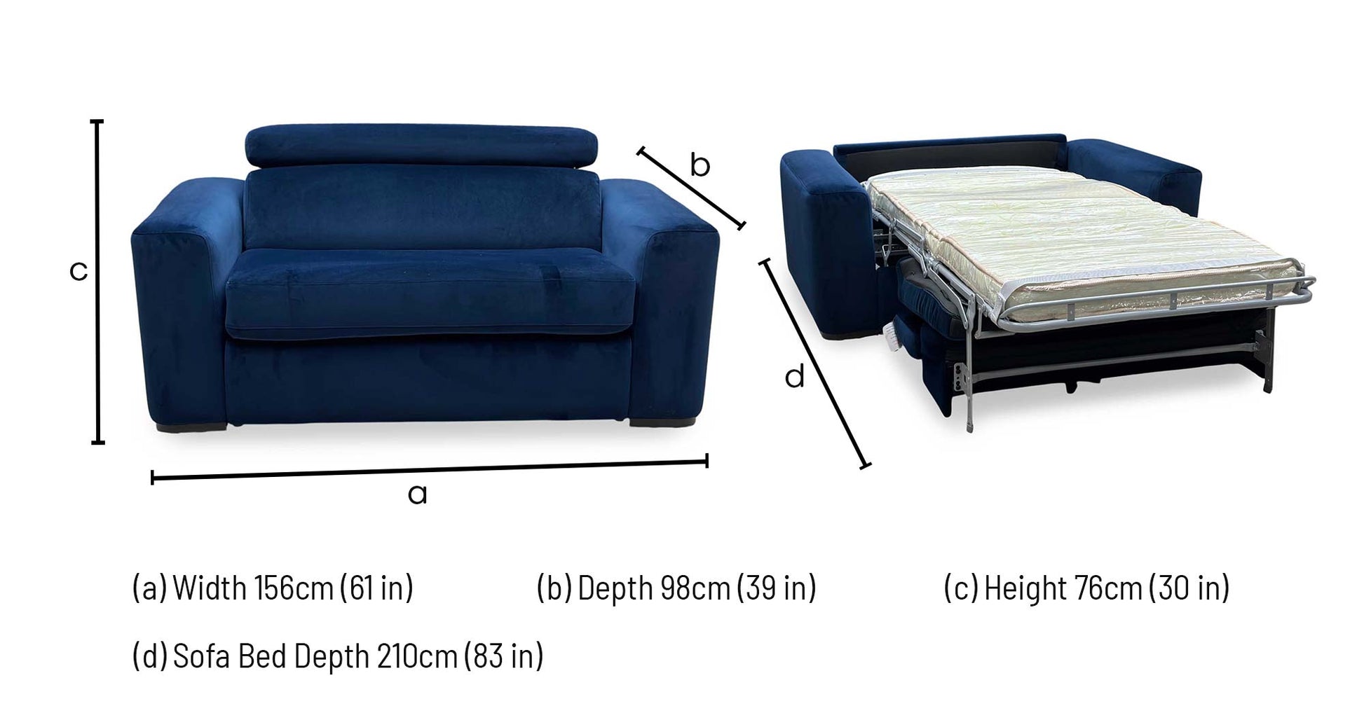Technical dimensions blueprint and multi-functional room layout space planning floor schematic for the ‘Infinity’ Meg R28 Navy Blue Fabric Large Chair Sofa Bed.