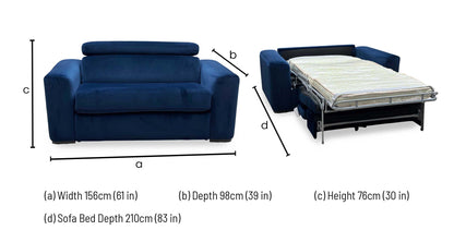 Technical dimensions blueprint and multi-functional room layout space planning floor schematic for the ‘Infinity’ Meg R28 Navy Blue Fabric Large Chair Sofa Bed.