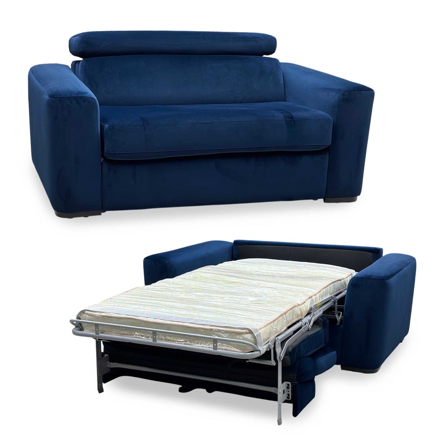 Full View ‘Infinity’ contemporary 2-in-1 large sleeper chair and single sofa bed, beautifully upholstered in a striking, rich Meg R28 Navy Blue fabric.