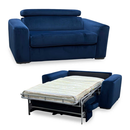 Full View ‘Infinity’ contemporary 2-in-1 large sleeper chair and single sofa bed, beautifully upholstered in a striking, rich Meg R28 Navy Blue fabric.