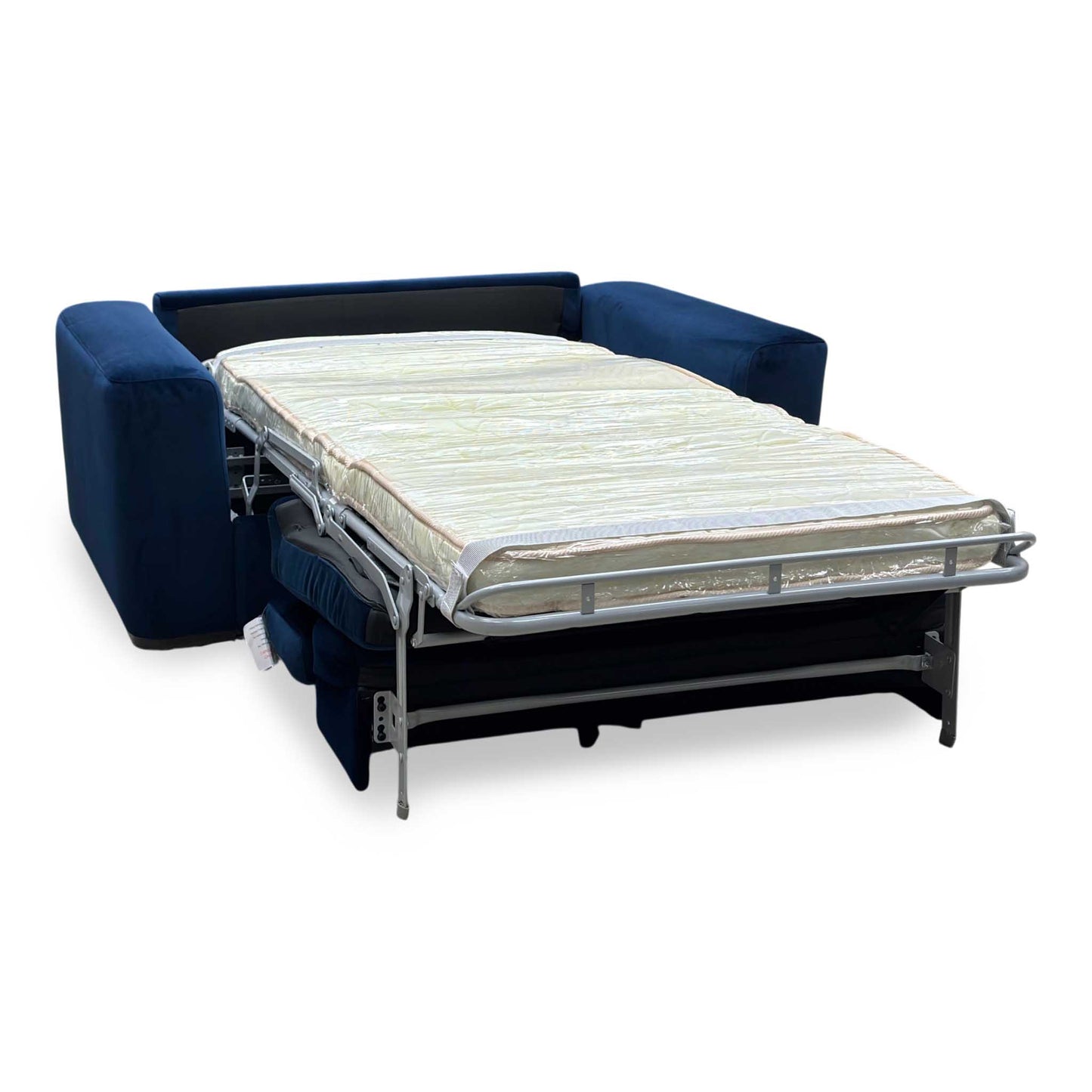 Side perspective profile view of the unit fully converted into a flat pull-out single sofa bed, demonstrating a completely level, extended sleeping platform with integrated headrest alignment.