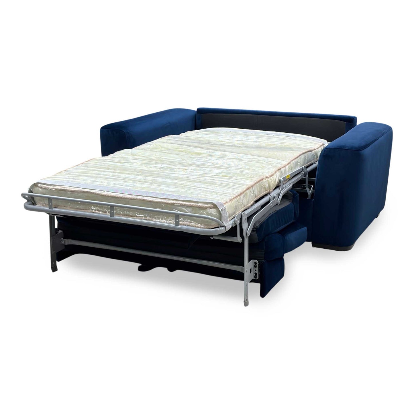 Angle view underneath the convertible chassis structure, highlighting the heavy-duty steel folding mechanism hinges, smooth-rolling floor glides, and robust structural stabilization framing.