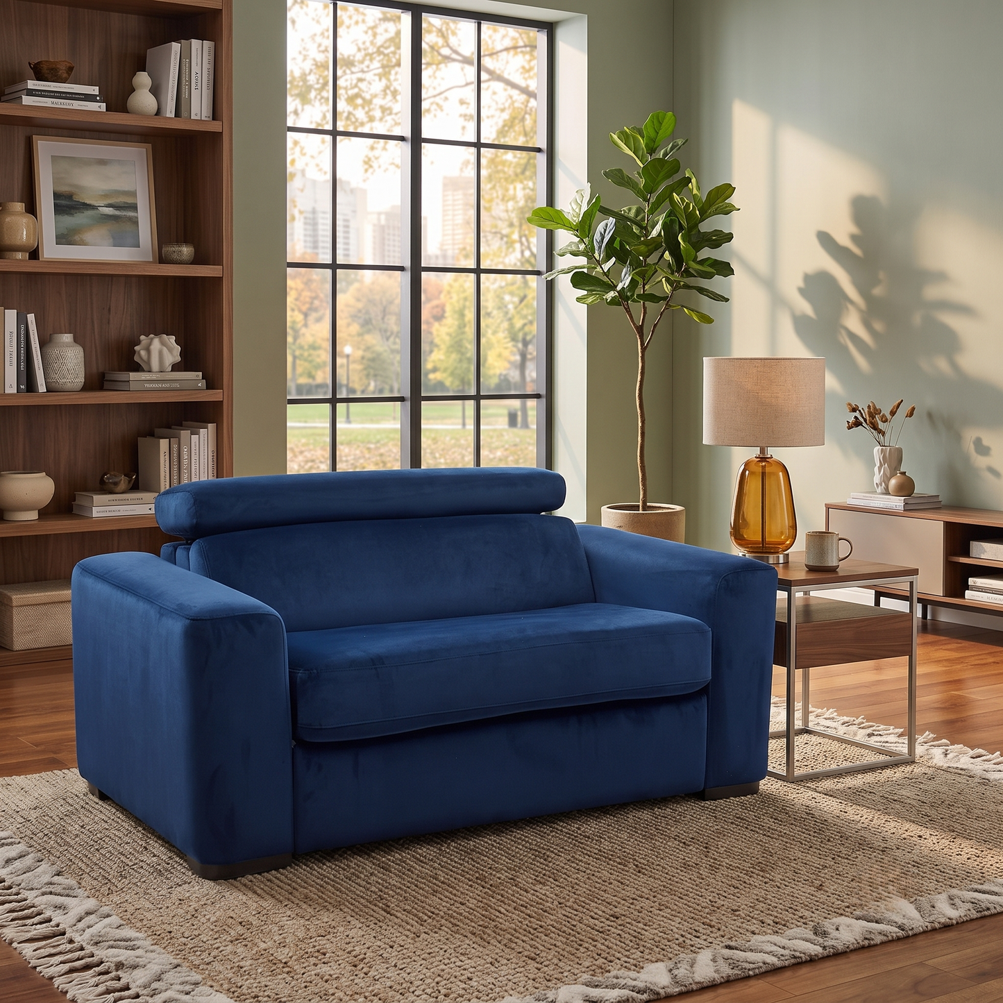 Styled upscale multi-functional living room or guest bedroom layout featuring the Infinity navy blue fabric sleeper chair arranged as a smart, space-saving lounge and overnight bed solution.