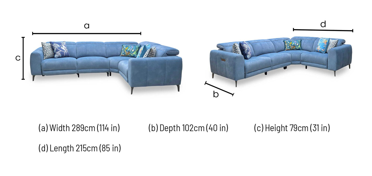 ‘Ezra’ Dexter 43525 Wave Blue Fabric Power Recliner Corner Sofa with Power Headrest Furniture Village